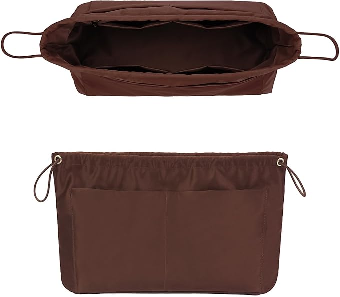 GIVLEFLY Purse Organizer Insert with Multiple Pockets, Drawstring Satin Tote Bag Organizer, Small Light Weight Purse Liner with Zipper Pocket Fit for Anjou Mini Neverful BB and More (Brown,Mini)