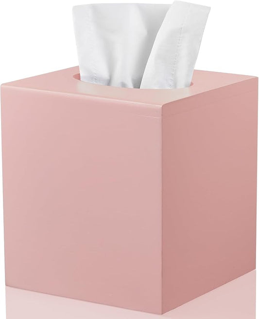Pink Tissue Box Cover Square - Wood Tissue Box Holder for Tabletop Night Stands Bathroom Office - Decorative Facial Cube Tissue Box Dispenser