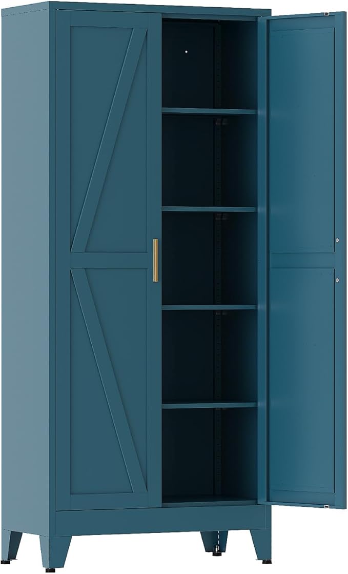 COFaR 71 in Tall Kitchen Pantry Cabinet, Metal Pantry Storage Cabinet with 4 Adjustable Shelves and 2 Barn Doors, Freestanding Farmhouse Food Cupboard for Dining Room, Peacock Blue 5-Tier