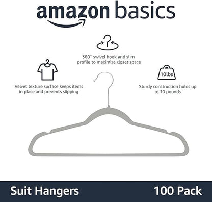 Amazon Basics Slim, Velvet, Non-Slip, Durable Suit Clothes Hangers for Closet, Coats, Pants, Shirts, Gray/Silver, Pack of 100