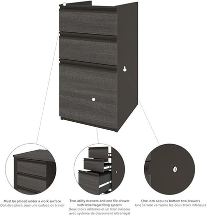 Bestar Prestige Plus 3 Drawer Add On File Cabinet in Bark Gray and Slate
