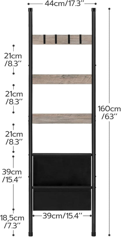 HOOBRO Blanket Ladder, 5 Tier Towel Rack, 17.3" L x 63" H, Wall-Leaning Blanket Rack for Living Room, Decorative Ladder with 4 Hooks and Magazine Pocket, Greige BG32CJ01