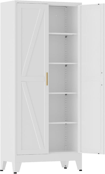 COFaR 71 in Tall Kitchen Pantry Cabinet, Metal Pantry Storage Cabinet with 4 Adjustable Shelves and 2 Barn Doors, White Freestanding Farmhouse Food Cupboard for Dining Room Living Room