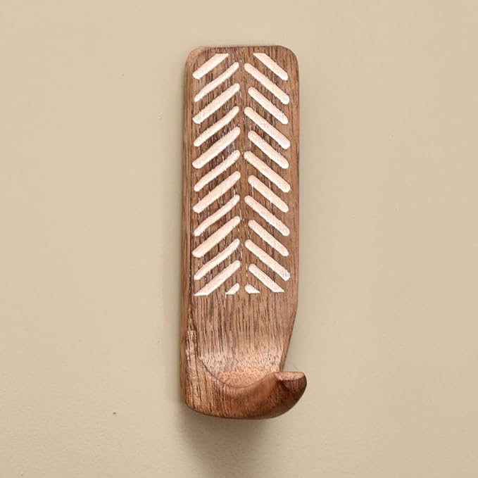 Indian Shelf Boho Decorative Wood Adhesive Wall Hooks for Hanging Coats, Keys, Leash, Hat, Towel Holder, Cute Sticky Key Holder, White Brown Western Wall Décor (6 Hooks 12 Strips)