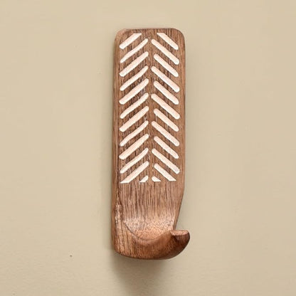 Indian Shelf Boho Decorative Wood Adhesive Wall Hooks for Hanging Coats, Keys, Leash, Hat, Towel Holder, Cute Sticky Key Holder, White Brown Western Wall Décor (6 Hooks 12 Strips)