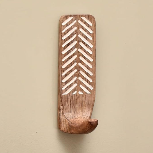 Indian Shelf Boho Decorative Wood Adhesive Wall Hooks for Hanging Coats, Keys, Leash, Hat, Towel Holder, Cute Sticky Key Holder, White Brown Western Wall Décor (6 Hooks 12 Strips)