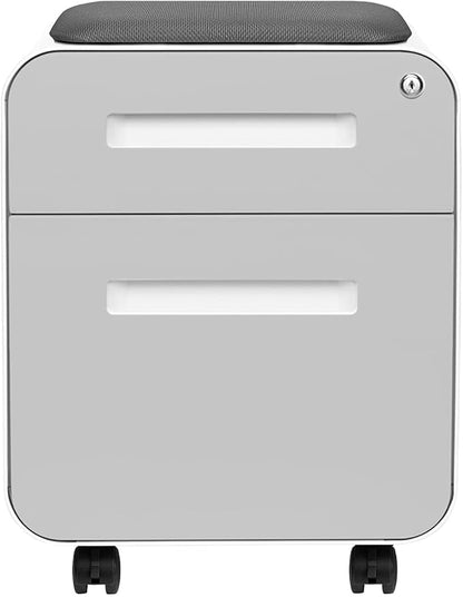 Laura Davidson Furniture STOCKPILE Mini Seated 2 Drawer Mobile File Cabinet with Removable Magnetic Cushion Seat - Short Version, Metal Filing Cabinet, Pre-Assembled, Light Grey Face with Grey Cushion