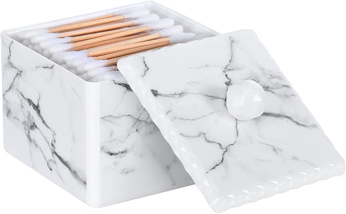 Luxspire Cotton Swab Storage Box with Lid, Q-Tip Swab Holder Cotton Ball Canister Jar Cotton Bud Round Dispenser Box, Cosmetics Makeup Countertop Vanity Bathroom Organizer Containers, Marble White