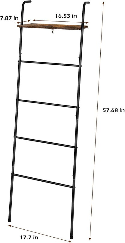 Blanket Ladder Holder for Living Room Farmhouse Decorative Ladder Holder with Storage Shelf, Wall Leaning Quilt Towel Rack for Bathroom, Bedroom, Rustic Home Decor, Black