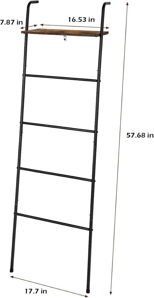 Blanket Ladder Holder for Living Room Farmhouse Decorative Ladder Holder with Storage Shelf, Wall Leaning Quilt Towel Rack for Bathroom, Bedroom, Rustic Home Decor, Black