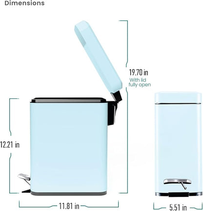 Home Zone Living 1.3 Gallon Small Bathroom Trash Can with Lid and Step Pedal, Stainless Steel Wastebasket with Slim Design for Home and Office, Matte Powder Blue, 5 Liters