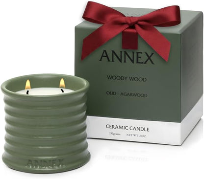 Annex Oud & Agarwood Luxury Scented Candle - Handmade Ceramic Jar - 50hr Clean Burn, Non-Toxic Soy Wax - Aesthetic Home Decor Winter Gift for Men & Women - Sandalwood & Amber
