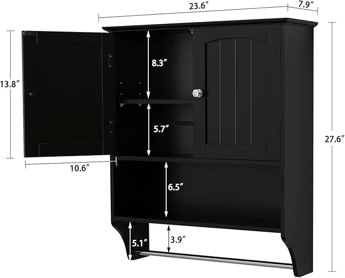 Iwell Bathroom Cabinet Wall Mounted with Adjustable Shelf & Towel Rack, Over The Toilet Storage Cabinet, Medicine Cabinet for Bathroom, Laundry Room, Black