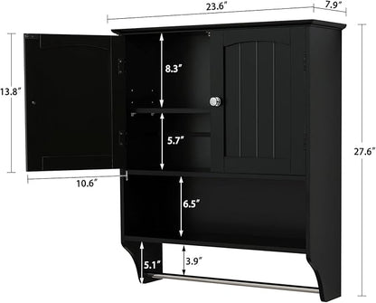 Iwell Bathroom Cabinet Wall Mounted with Adjustable Shelf & Towel Rack, Over The Toilet Storage Cabinet, Medicine Cabinet for Bathroom, Laundry Room, Black