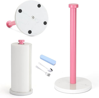 Standing Paper Towel Holder, Kitchen Paper Towel Roll Holder- for Bathroom Kitchen Countertop with Weighted Marble Base for One-Handed Operation (Pink), Pink Paper Towel Holder