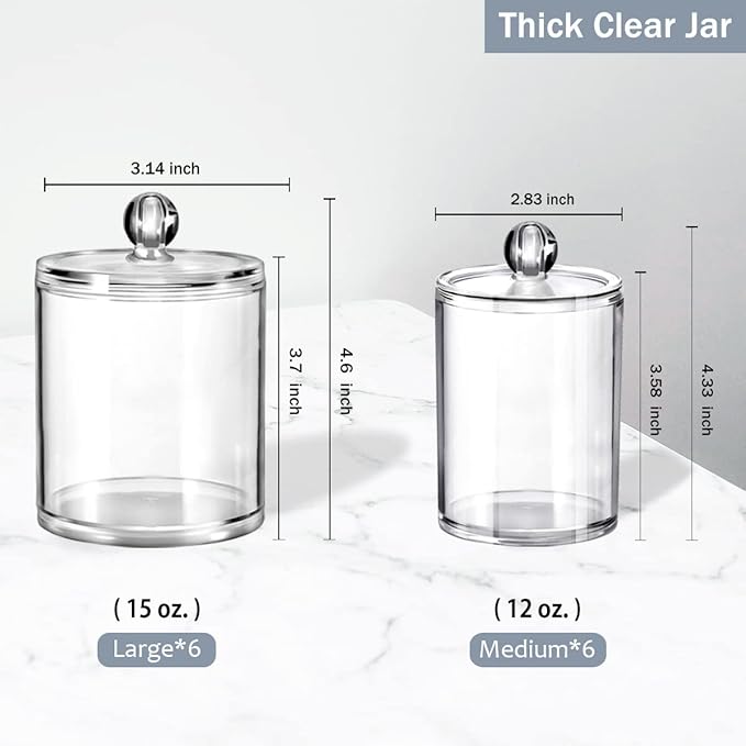 SheeChung 12 Pack Qtip Holder, Clear Acrylic Apothecary Jars with Labels- Shatterproof Bathroom Vanity Organizer for Cotton Swabs,Balls,Pads-Minimalist storage- (6) 12oz &(6) 15oz