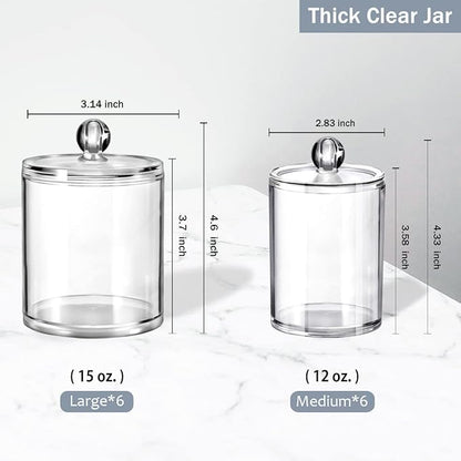 SheeChung 12 Pack Qtip Holder, Clear Acrylic Apothecary Jars with Labels- Shatterproof Bathroom Vanity Organizer for Cotton Swabs,Balls,Pads-Minimalist storage- (6) 12oz &(6) 15oz