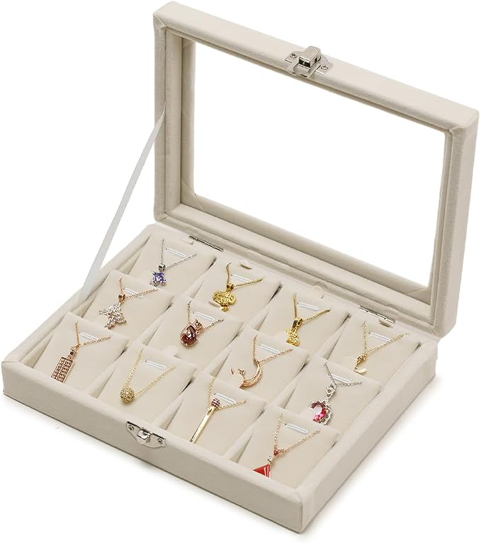Jewelry Box Necklace Organizer Tray, Beige Necklace Display Case for Storage Jewelry Small Necklaces Display Stand 12 Slot Pendant Holder for Women