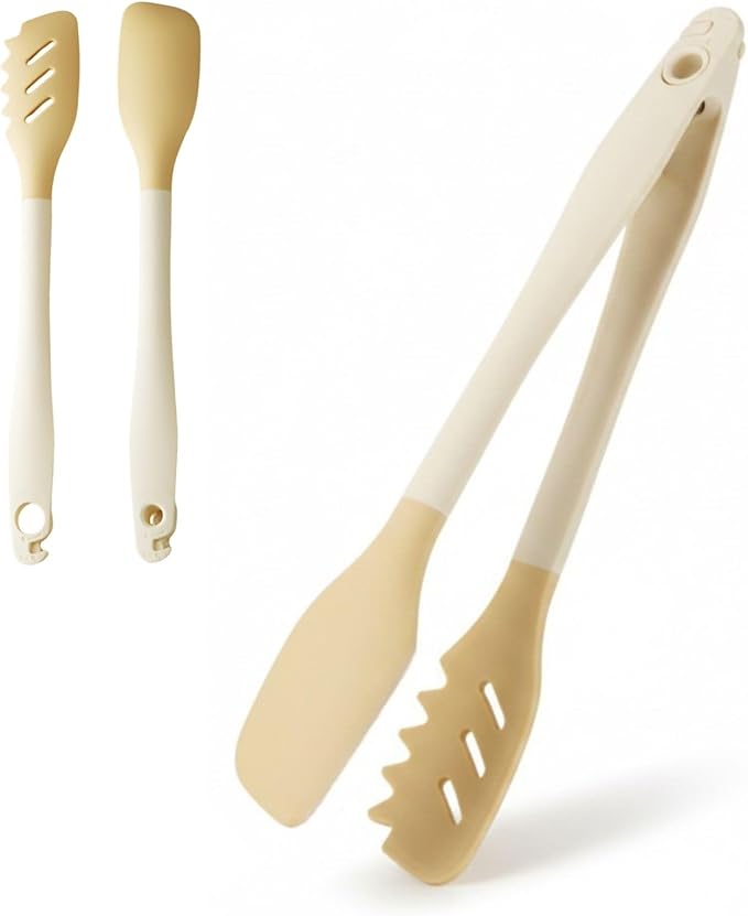 NAZANIN 11-Inch 3-in-1 Silicone Kitchen Tongs: Converts to Slotted Spoon & Spatula | BPA-Free Pacifier-Grade, Food-Grade Utensil | Locking Stainless Steel Grip for Cooking, BBQ, and Serving