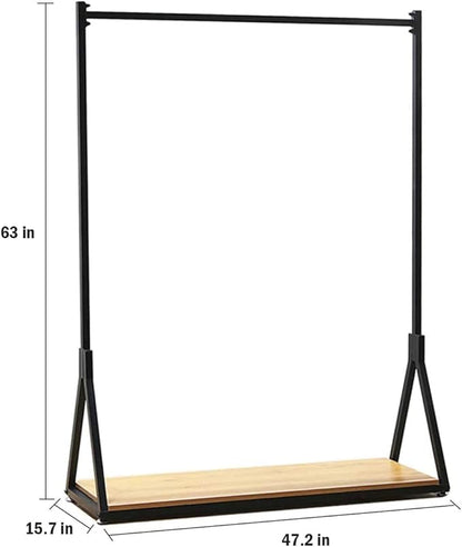 Modern Simple Heavy Duty Metal Rolling Garment Rack with Wheel,Retail Display Clothing Rack with Wood, Single Rod Floor-Standing Hangers Clothes Shelves (Black Square Tube B, 47.2 L)
