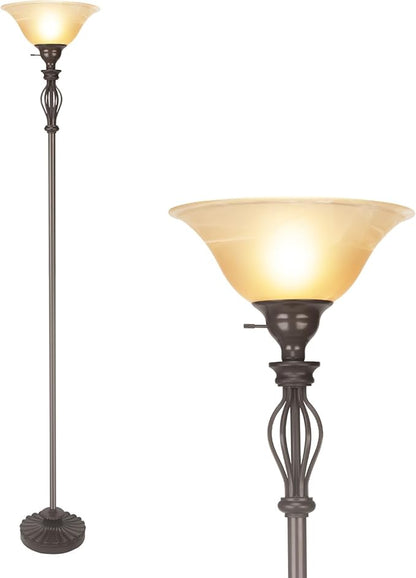 HonoDing Torchiere Floor Lamps for Living Room & Bedroom – Stand Up Lamp with Corner Floor Lamp Design – Traditional Iron Scroll 70" Tall Alabaster Glass Bowl Shade (Brown)