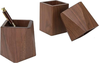 Black Walnut Wooden Pencil Box, Multiple-Use Desk Writing Stationary Organizer Wood Pen Holder Cups Office School Supplies Storage (Square Shape)