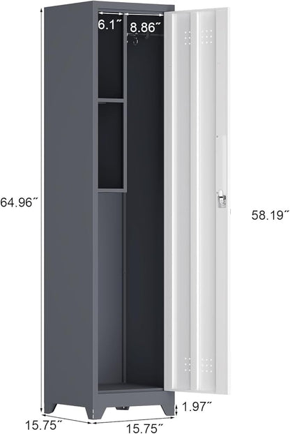 Narrow Storage Cabinet,Metal Slim Cabinet with Shelves,Utility Storage Cabinet with Hanging Rod,Tall Bathroom Storage Cabinets with Locking Door for Office, Gym, Garage,Grey