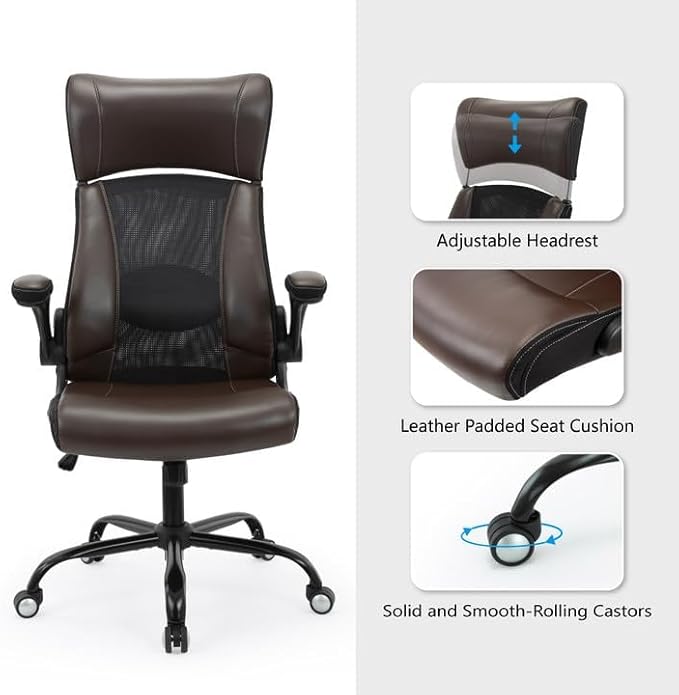 Clearance Executive Office Chair, Ergonomic Leather Desk Chair - Widened Adjustable Headrest with Flip-Up Arms, High Back Computer Swivel Task Chair with Lumbar Support, Brown