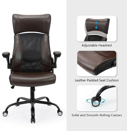 Clearance Executive Office Chair, Ergonomic Leather Desk Chair - Widened Adjustable Headrest with Flip-Up Arms, High Back Computer Swivel Task Chair with Lumbar Support, Brown
