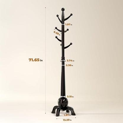 Wood Coat Rack Freestanding, Solid Wooden Hall Tree with 8 Hooks, Coat Tree Freestanding Heavy Duty with Stable Base, Entryway Hallway Bedroom Office Use, 240lbs Load Capacity H:71.6in (Black)