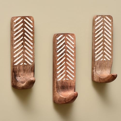 Indian Shelf Boho Decorative Wood Adhesive Wall Hooks for Hanging Coats, Keys, Leash, Hat, Towel Holder, Cute Sticky Key Holder, Brown & White Western Wall Décor (12 Hooks 24 Strips)
