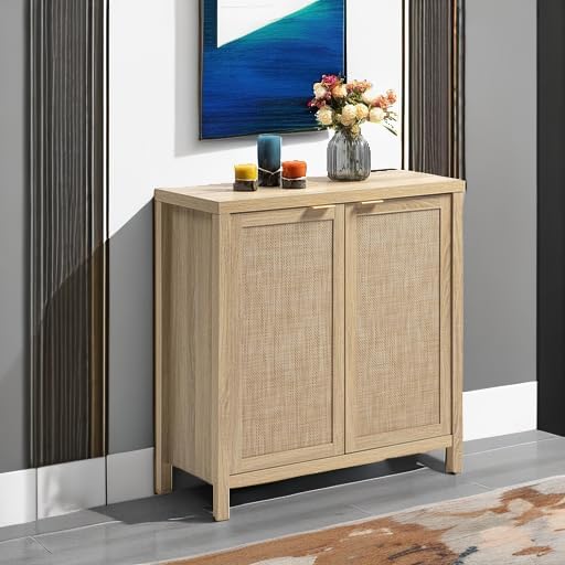 SICOTAS Rattan Sideboard Buffet Cabinet with Large Storage - Boho Credenza Coffee Bar Cabinet with Adjustable Shelves, Buffet Console Table for Kitchen Living Room Hallway - Natural