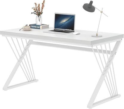 FOLUBAN White Desk, Modern Wood and Metal Computer Desk for Home Office, Simple Writing Work PC Desks for Bedroom, Industrial Study Gaming Table for Living Room, White, 47 Inch