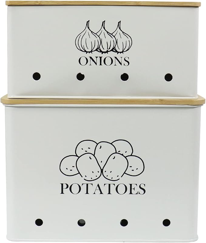 Potato and Onion Storage Bin Set of 2, Vented Metal Vegetable Storage with Wooden Lids, Farmhouse Kitchen Canisters for Countertop Pantry Organizer, Potato Bin Onion Holder for Produce Storage, White