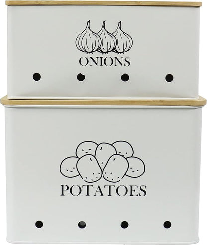 Potato and Onion Storage Bin Set of 2, Vented Metal Vegetable Storage with Wooden Lids, Farmhouse Kitchen Canisters for Countertop Pantry Organizer, Potato Bin Onion Holder for Produce Storage, White
