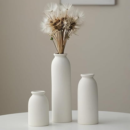 10.6 inches Tall Decorative Ceramic Vase Set, 3 Pieces, Nordic Modern Boho Style, White, for Home Decor (White)