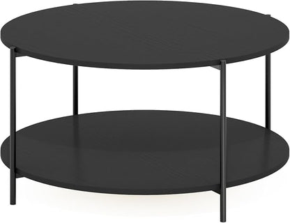 Furinno BESI Coffee Table, 2-Tier Round Modern Coffee Table with Metal Legs, Side Table with Open Shelf, for Living Room, Bedroom, Home Office, Americano