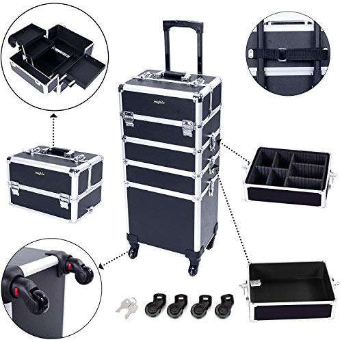 mefeir 4 in 1 Rolling Makeup Train Case, Aluminum Makeup Travel Organizer Cosmetic Case, Cosmetology Display Suitcase on Wheels, Beauty Storage Luggage Lockable w/4 Removable Wheels (Black)