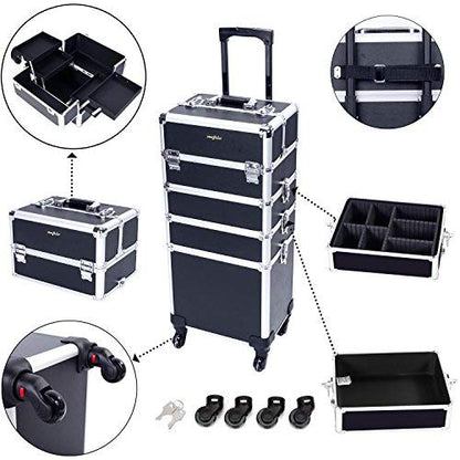 mefeir 4 in 1 Rolling Makeup Train Case, Aluminum Makeup Travel Organizer Cosmetic Case, Cosmetology Display Suitcase on Wheels, Beauty Storage Luggage Lockable w/4 Removable Wheels (Black)