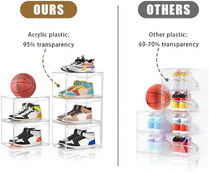 5 Pack Clear Stackable Shoe Organizer Box with Lids, Acrylic Shoes Box with Magnetic Doors, Transparent Shoe Storage Bins Closet Organizers, Shoes Containers For Sneaker Display, Fit up to US Size16