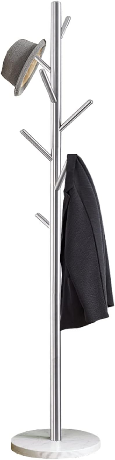 Jolitac Metal Coat Rack Stand Satin Steel Finish Stable Marble Base, High-Grade with Hooks Metal Tree Hat & Coat Hanger Floor Free Standing Wall Bedroom Easy Assembly (Satin Steel)