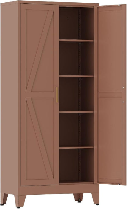 COFaR 71 in Tall Kitchen Pantry Cabinet, Metal Pantry Storage Cabinet with 4 Adjustable Shelves and 2 Barn Doors, Freestanding Farmhouse Food Cupboard for Dining Room, Brown 5-Tier