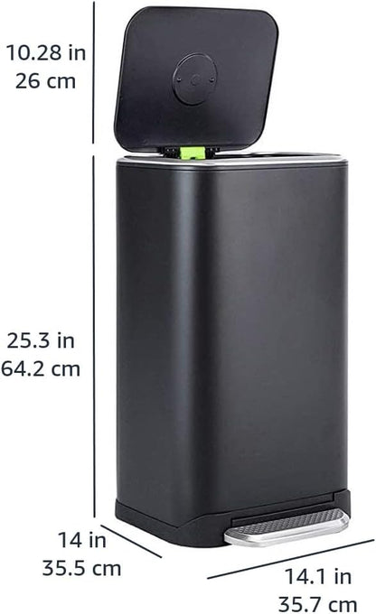 Amazon Basics Rectangular Metal Trash Can With Soft-Close Foot Pedal, Fingerprint Resistant, Removable Inner Bucket, 32 liter/8.5 gallon, Black, 14"L x 14"W x 25.3"H