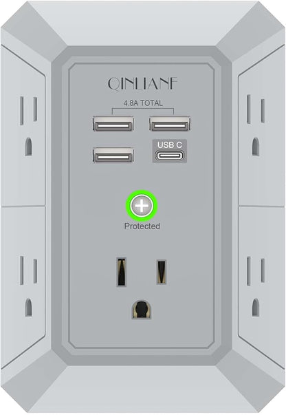 USB Wall Charger, Surge Protector, QINLIANF 5 Outlet Extender with 4 USB Charging Ports (4.8A Total) 3-Sided 1680J Power Strip Multi Plug Outlets Wall Adapter Spaced for Home Travel Office(3U1C),Grey