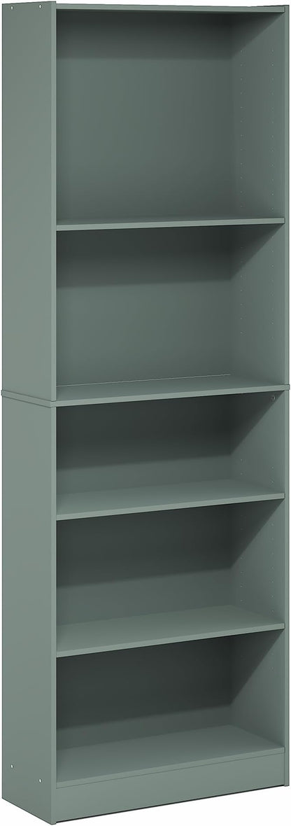 Furinno Jaya Book Shelf, 5-Tier Bookshelf, Bookcase with Adjustable Shelves, 9.5" x 24.5" x 71.2", for Organization and Storage, for Living Room, Bedroom, Home Office, Sage Green
