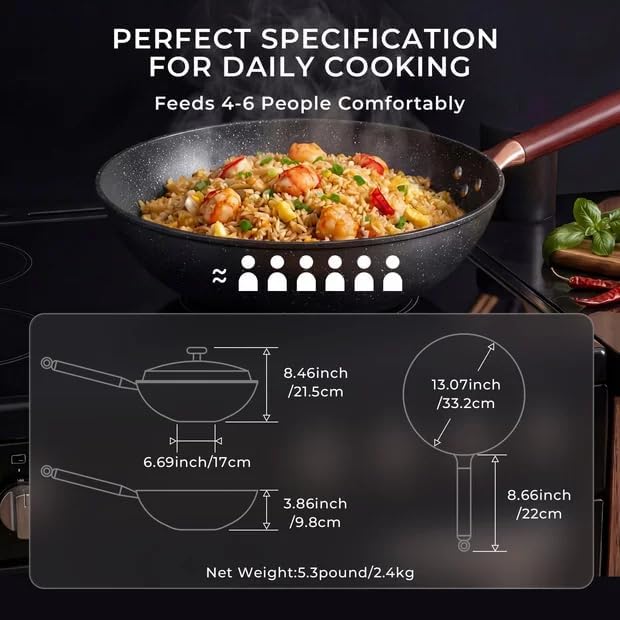 13.07-Inch Carbon Steel Wok Pan with Lid: Woks & Stir-Fry Pans Nonstick with Steamer for Cooking Pan Set, Large Deep Chinese Frying Saute Pan Wok Skillet, Induction Compatible, Stay-Cool Handle, Gifts