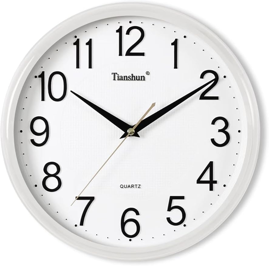 Wall Clock Silent Non-Ticking Battery Operated 12 Inch Wood Grain Large Easy to Read 3D Numbers for Office Living Room Bedroom Kitchen (White)