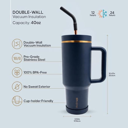40oz Travel Tumbler Cup with Handle, Two-Way Slider Lid, Stainless Steel Straw with Silicone Tip, Vacuum Insulated Water Bottle for Hot & Cold Drinks, Great Gifts for Mom (Blue Gold)