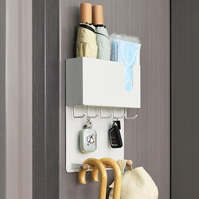 Magnetic Key Holder & Umbrella Holder for Wall, Multi-Functional Entryway Shelf for Tissues. Sturdy Hooks for Keys, Bags. Space Saving Organizer for Apartment, Dorm Room (White)