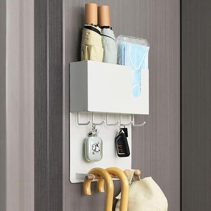 Magnetic Key Holder & Umbrella Holder for Wall, Multi-Functional Entryway Shelf for Tissues. Sturdy Hooks for Keys, Bags. Space Saving Organizer for Apartment, Dorm Room (White)